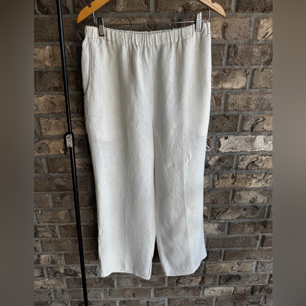 FLAX 100% Linen White Cropped Pants Elastic Waist Pull On Size Small